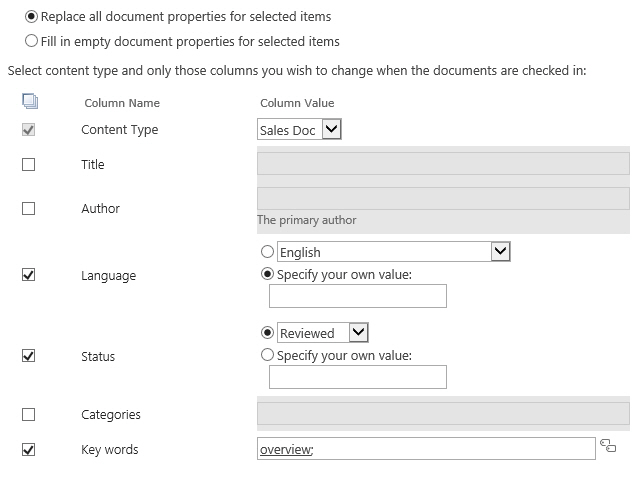 SharePoint Batch Check can replace the original values by appoints content type and columns to change.