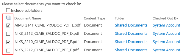 Select SharePoint documents to check in