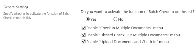 Activate SharePoint Batch Check In on a list.