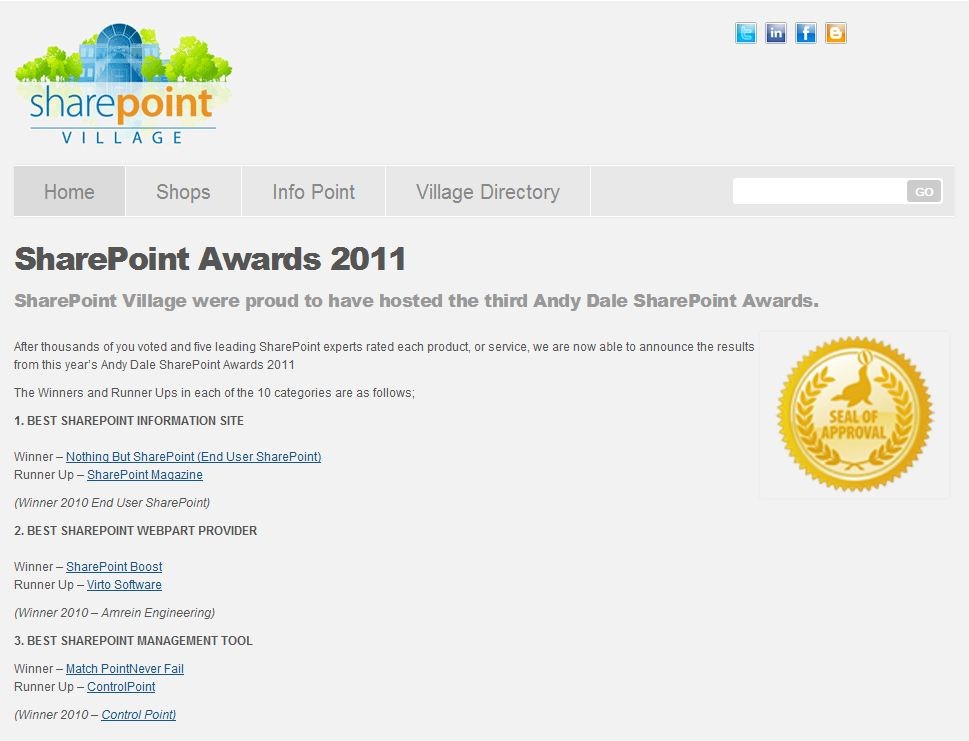 SharePointBoost bags Andy Dale SharePoint Awards 2011