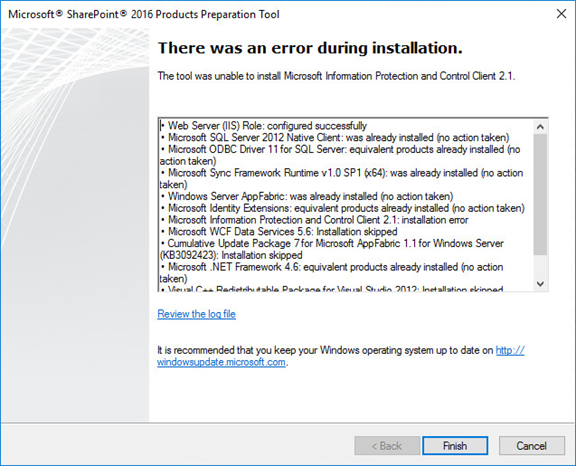 Errors you may meet when install SharePoint 2016