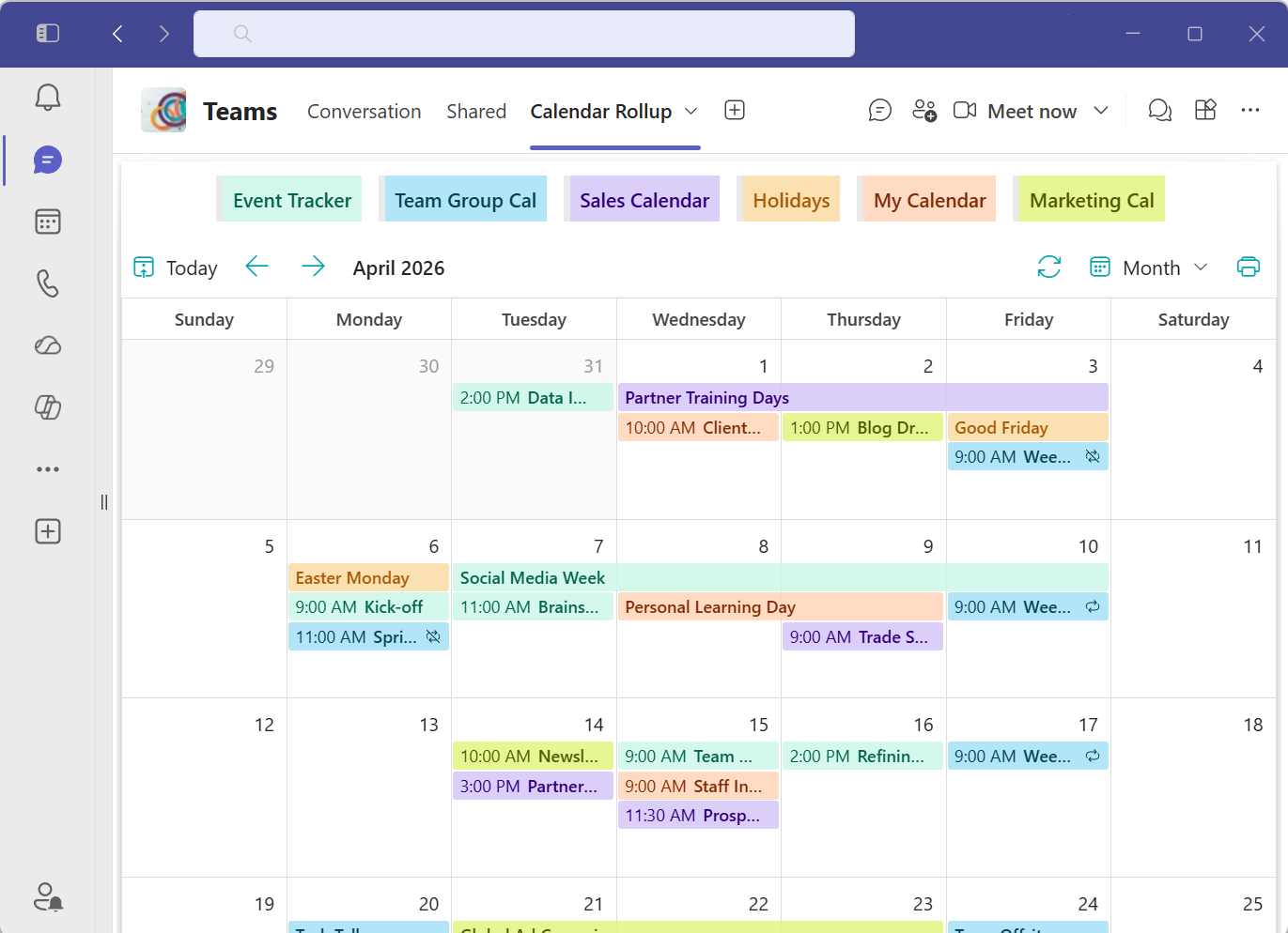 Microsoft Teams interface showing Calendar Rollup integration with color-coded event filters including Marketing, Sales, and Team Group calendars.