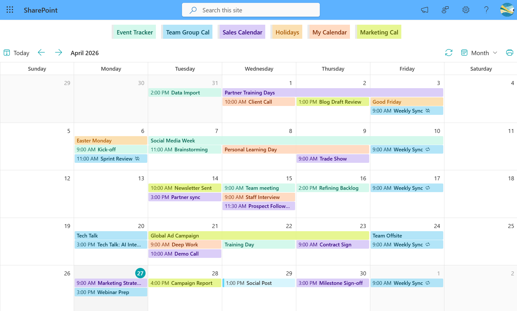 SharePoint Online modern page featuring the Calendar Rollup web part with a consolidated monthly view of multiple group calendars.