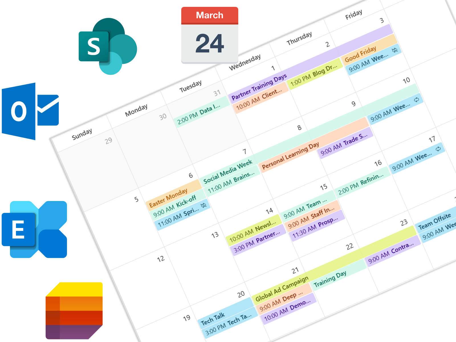 Aggregates events from multiple SharePoint lists, group calendars, and Exchange sources into a single unified view.