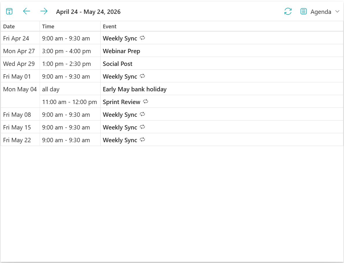 Streamlined agenda list view consolidating events from multiple SharePoint lists and Group calendars into a single chronological list.