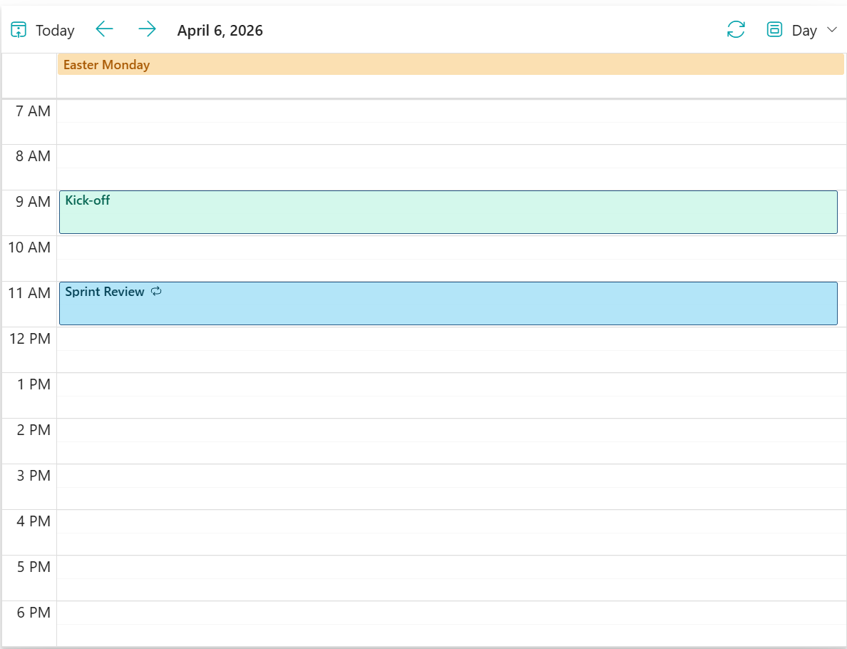 Granular daily agenda view in SharePoint web part highlighting hourly meeting schedules and individual task details.