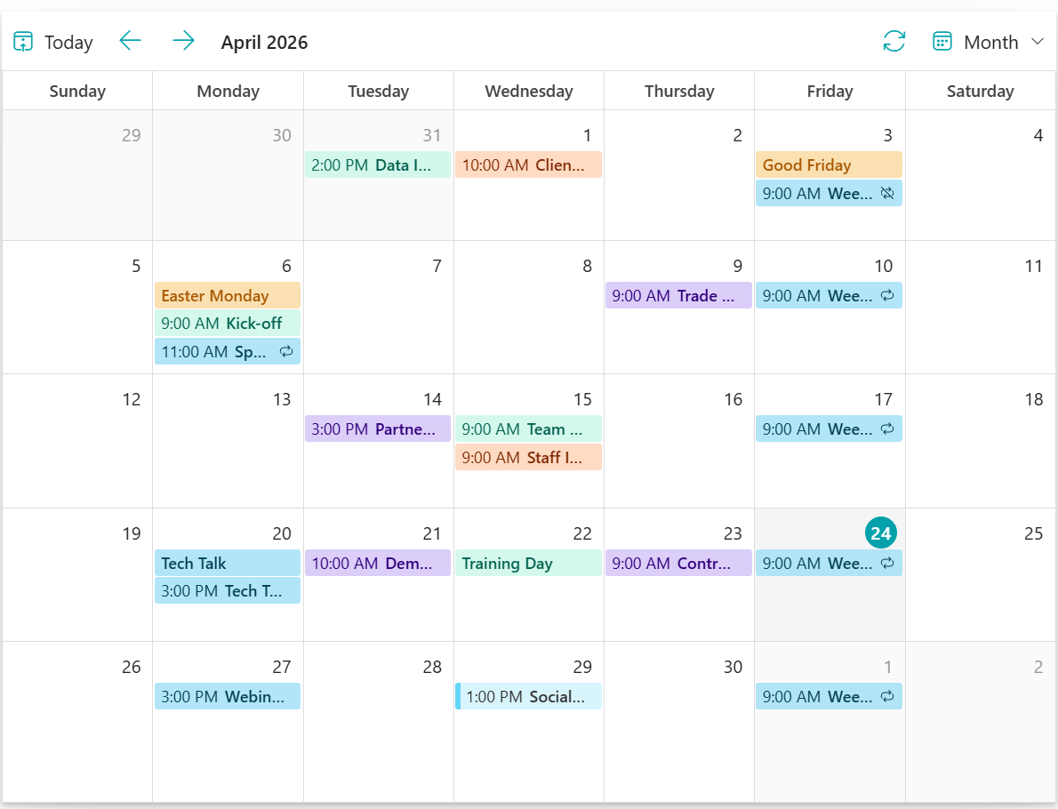 SharePoint Calendar Rollup monthly planner view displaying consolidated events and project milestones across the whole month.