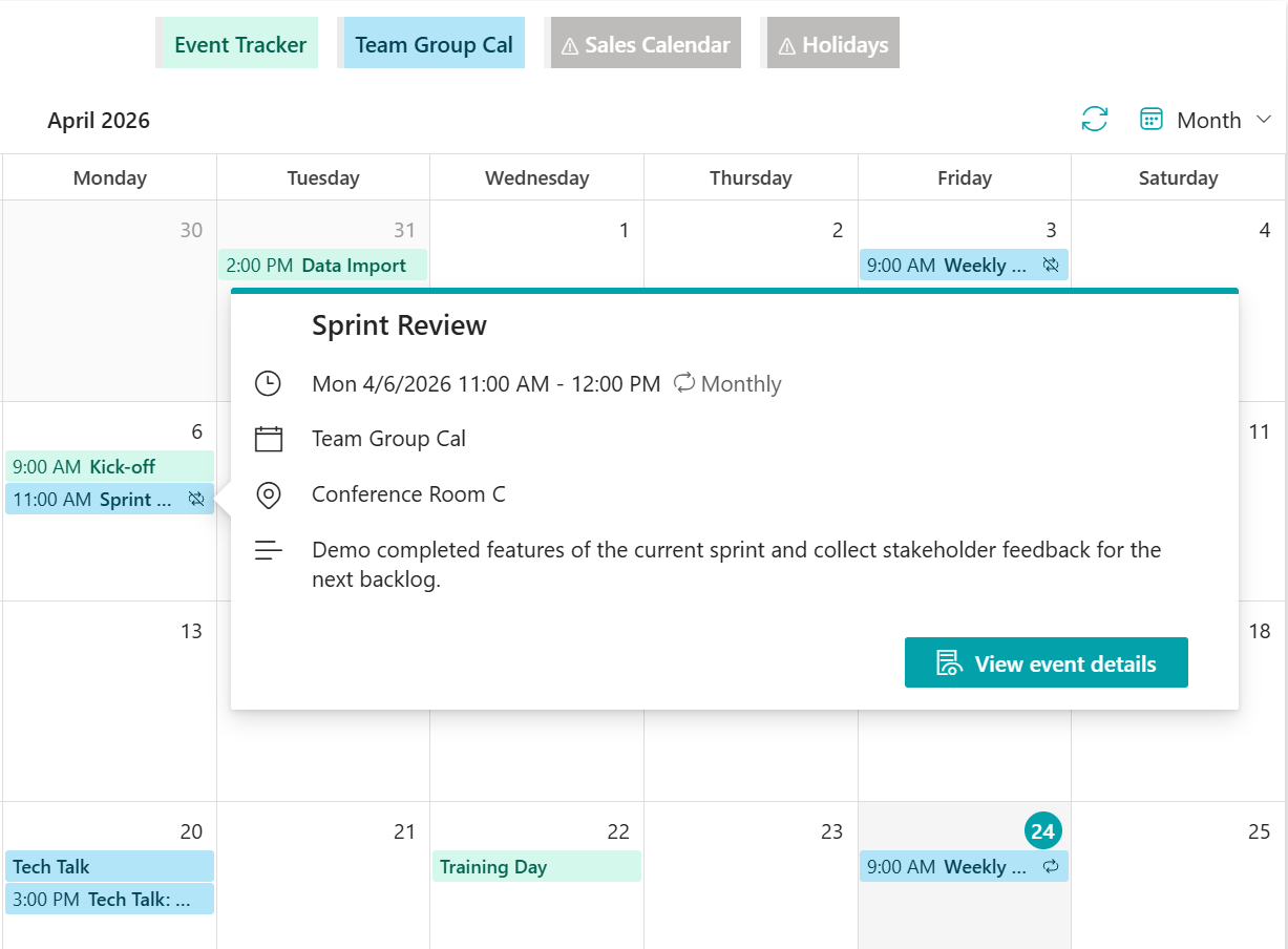 SharePoint Calendar Rollup security interface showing per-calendar permission settings to ensure users only see authorized events.