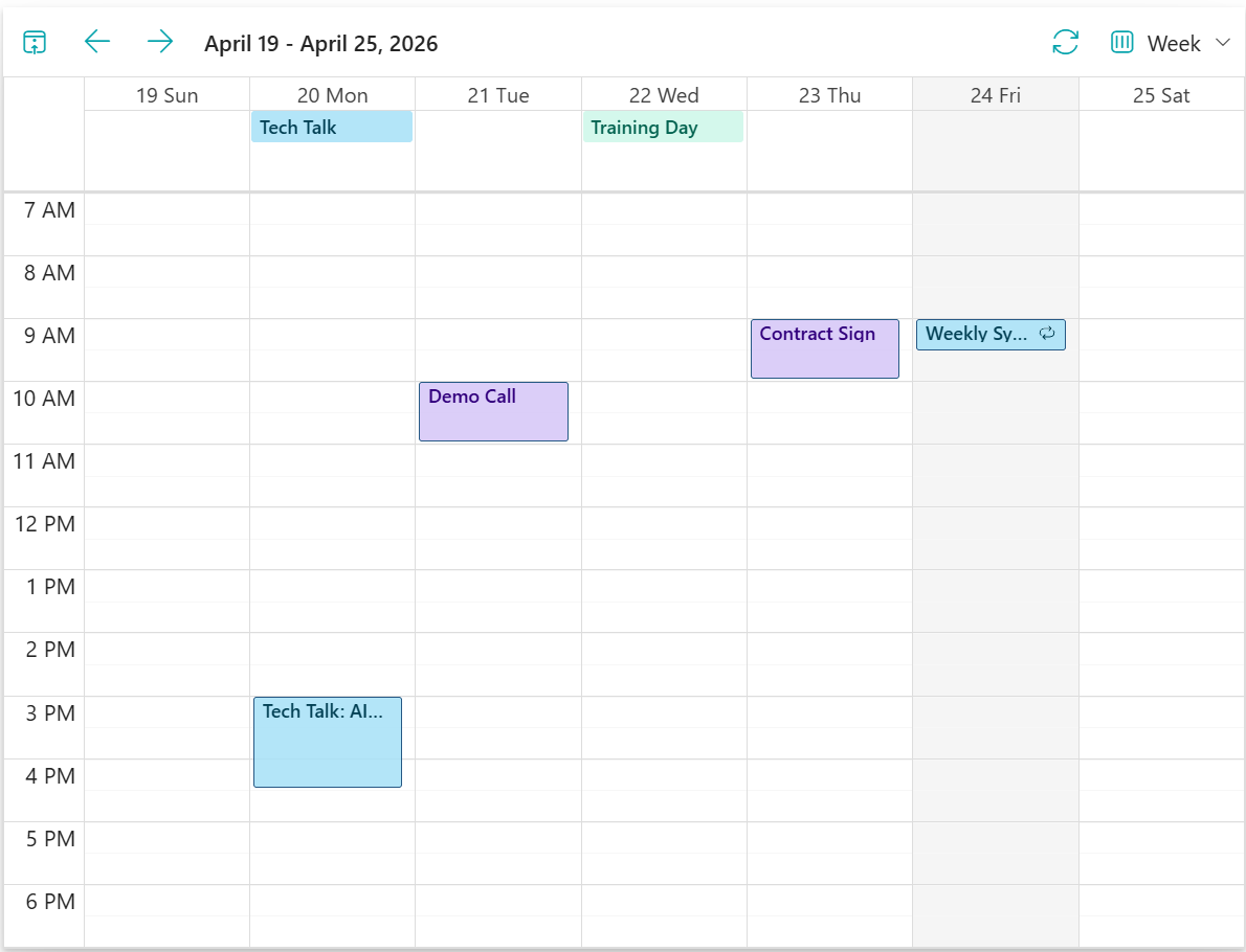 Microsoft Teams integrated weekly schedule layout showing color-coded team activities and synchronized time slots.