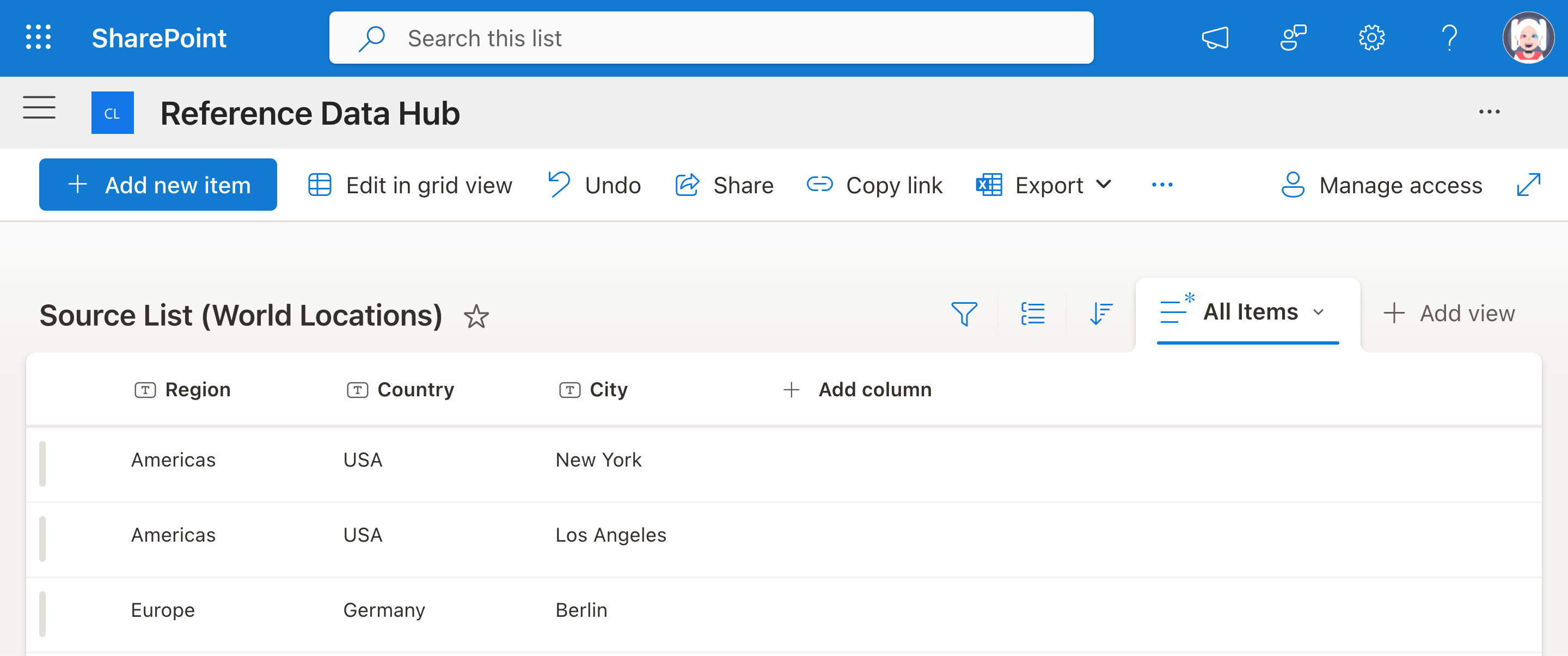 Sample data in World Locations list showing Region, Country, and City columns with example entries