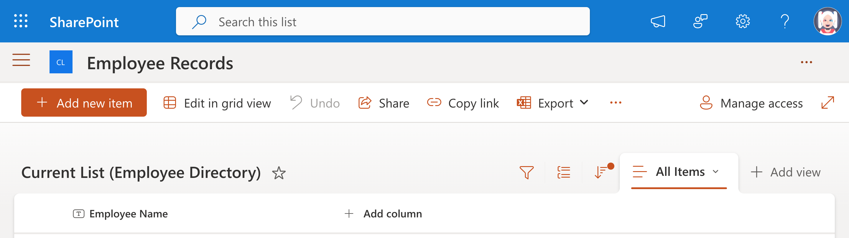 Employee Directory list with Employee Name column created