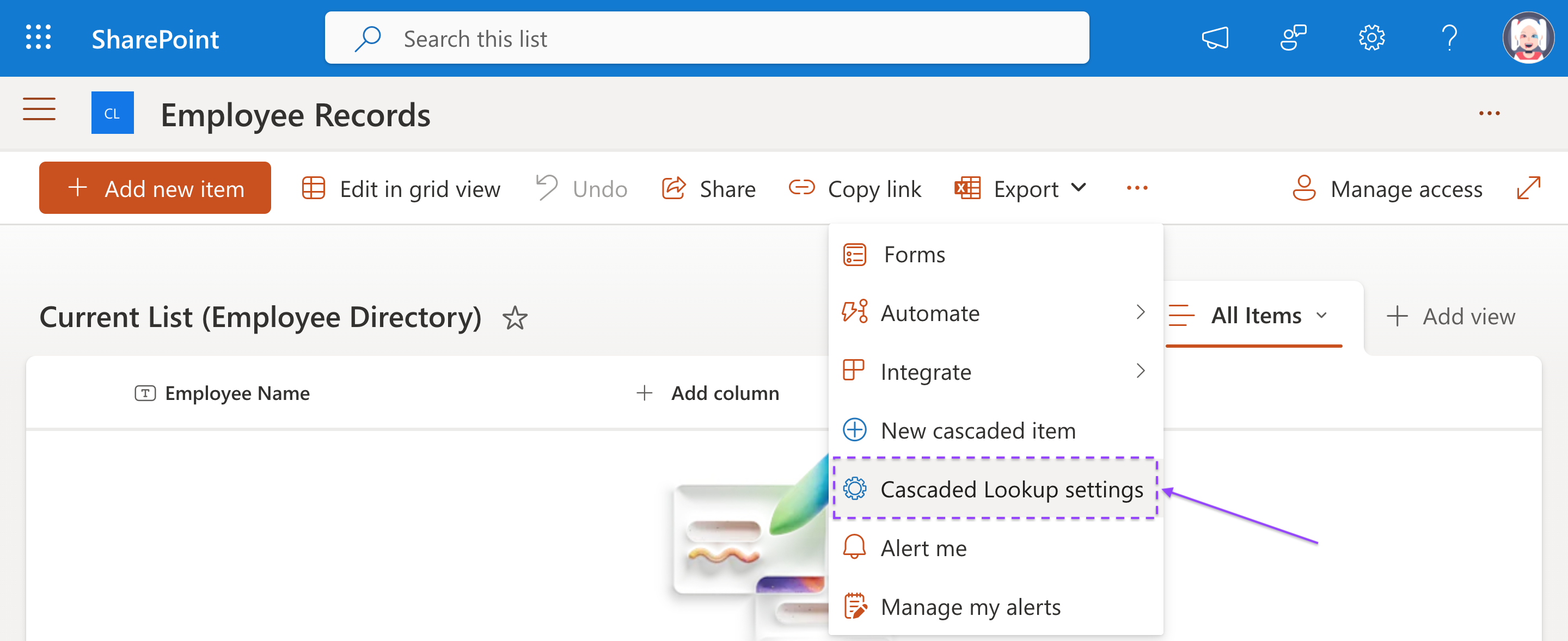 Cascaded Lookup Settings panel opened in the list command bar