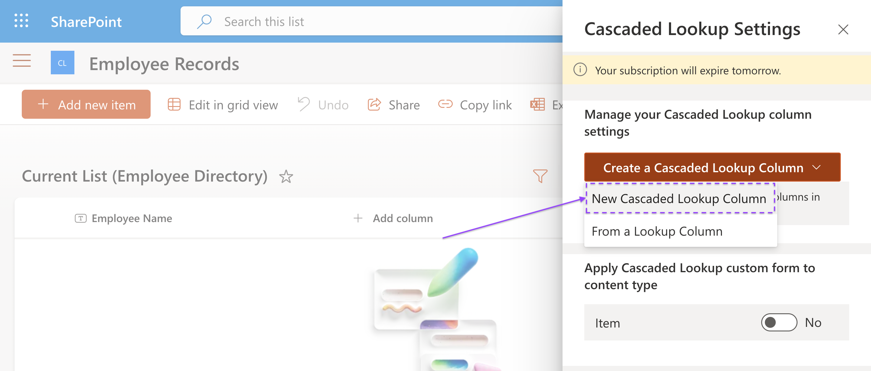 Create a Cascaded Lookup Column with New Cascaded Lookup Column option