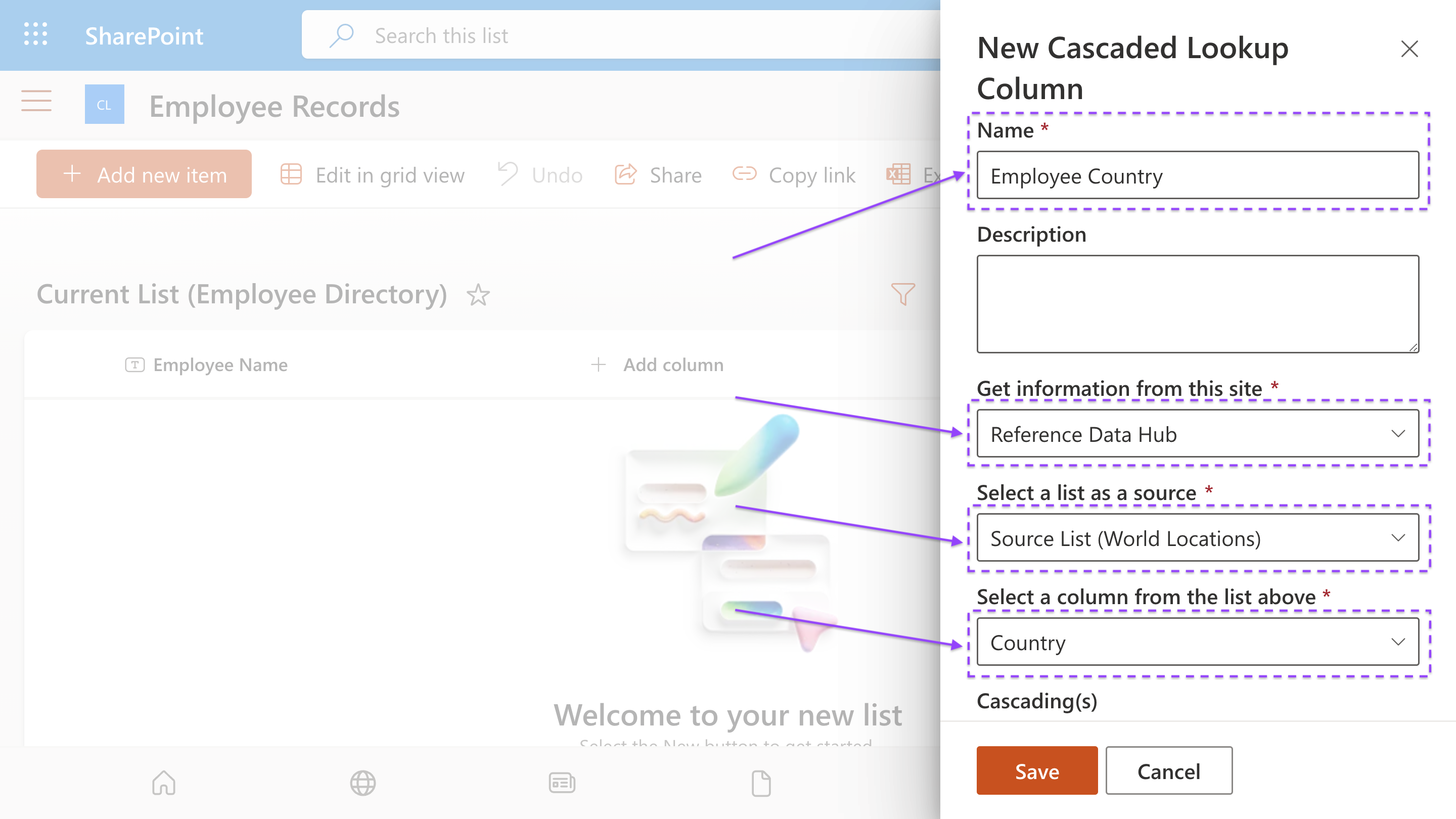 New Cascaded Lookup Column configuration panel for Employee Country with data source settings