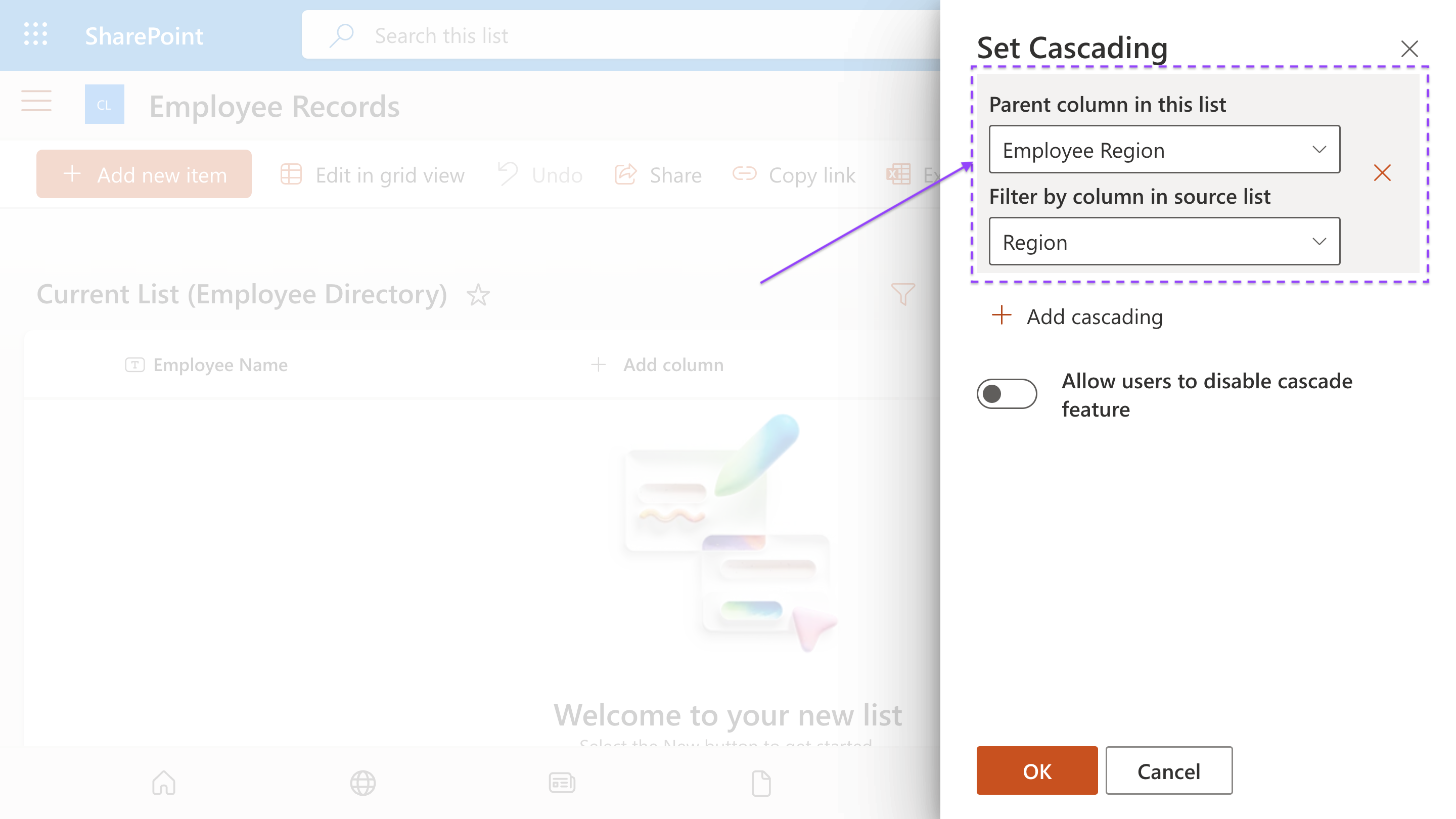 Cascading Settings panel for Employee Country showing parent column and filter column configuration