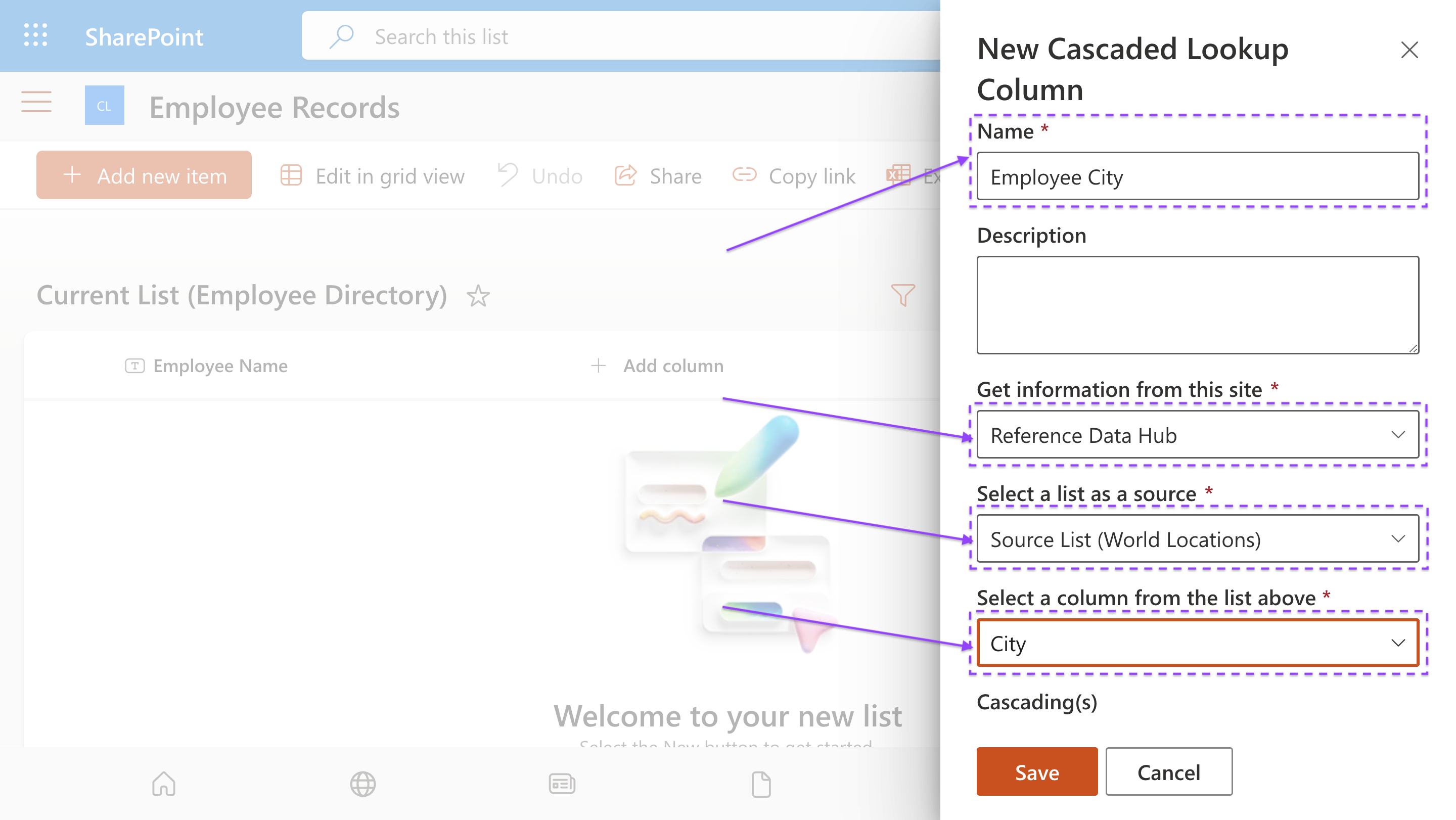 New Cascaded Lookup Column configuration panel for Employee City with data source settings