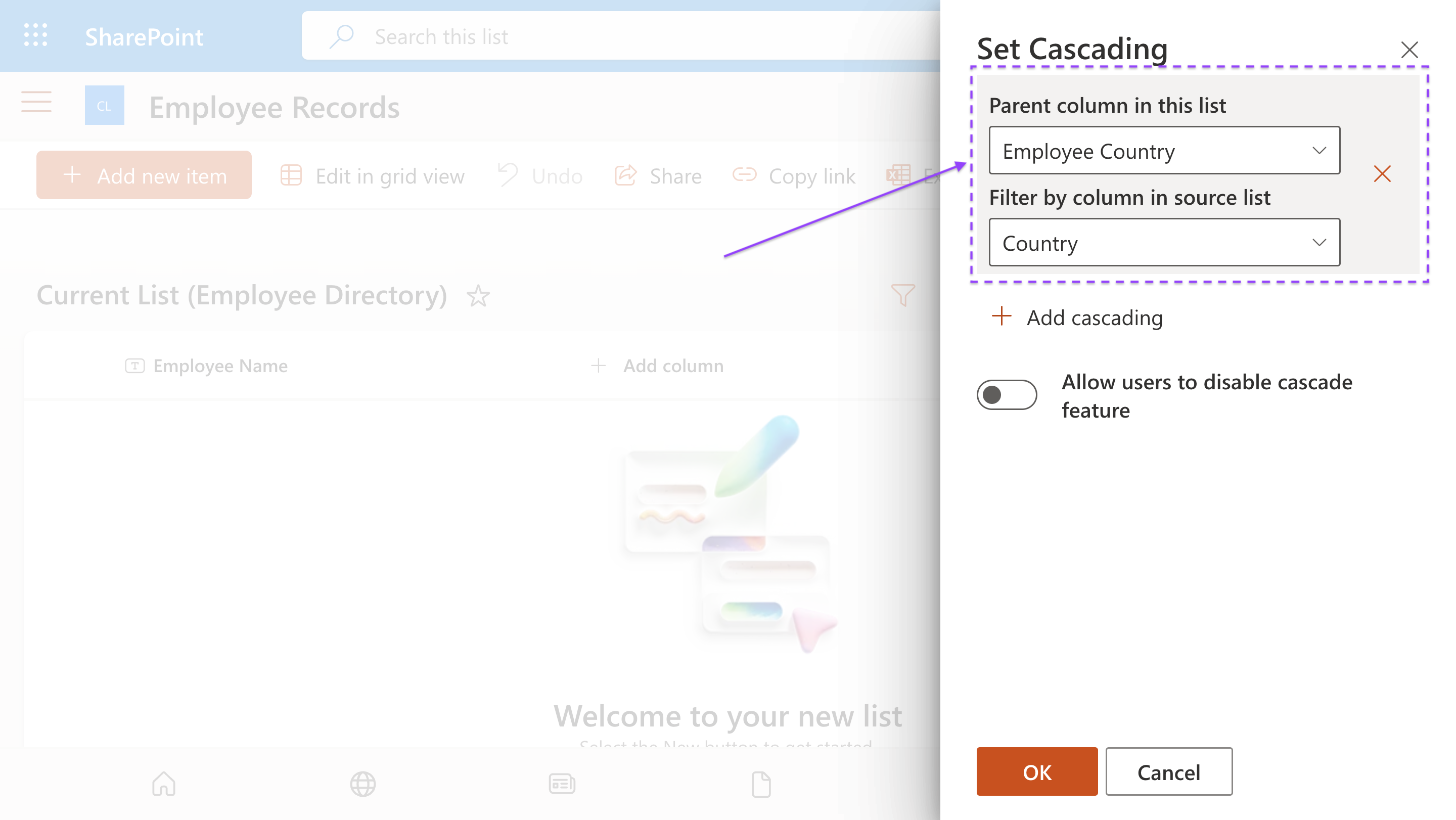 Cascading Settings panel for Employee City showing parent column and filter column configuration