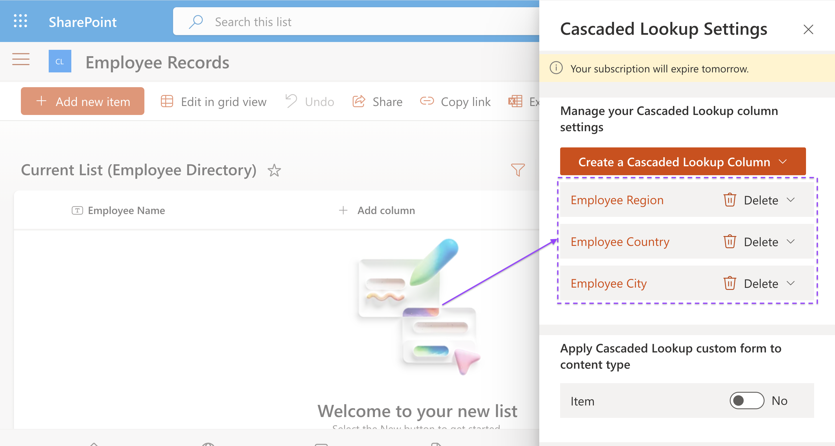 List of created Cascaded Lookup columns in the Cascaded Lookup Settings panel