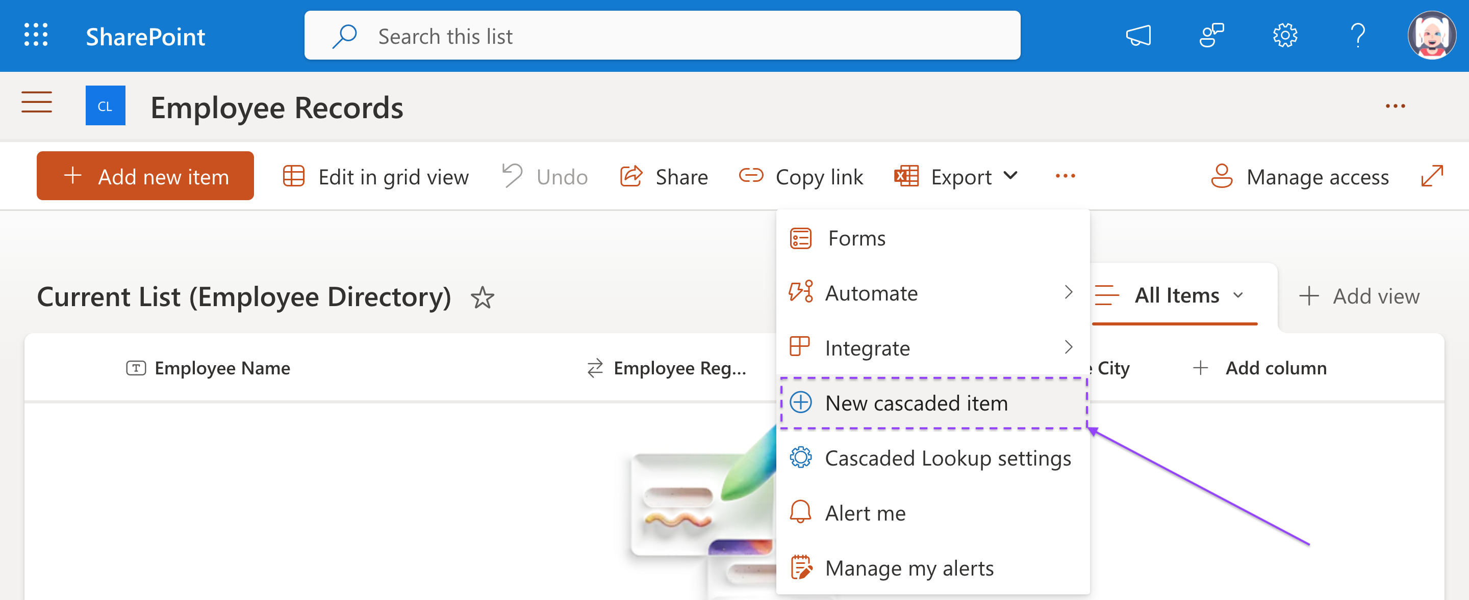 New Cascaded Item form opened from the list command bar