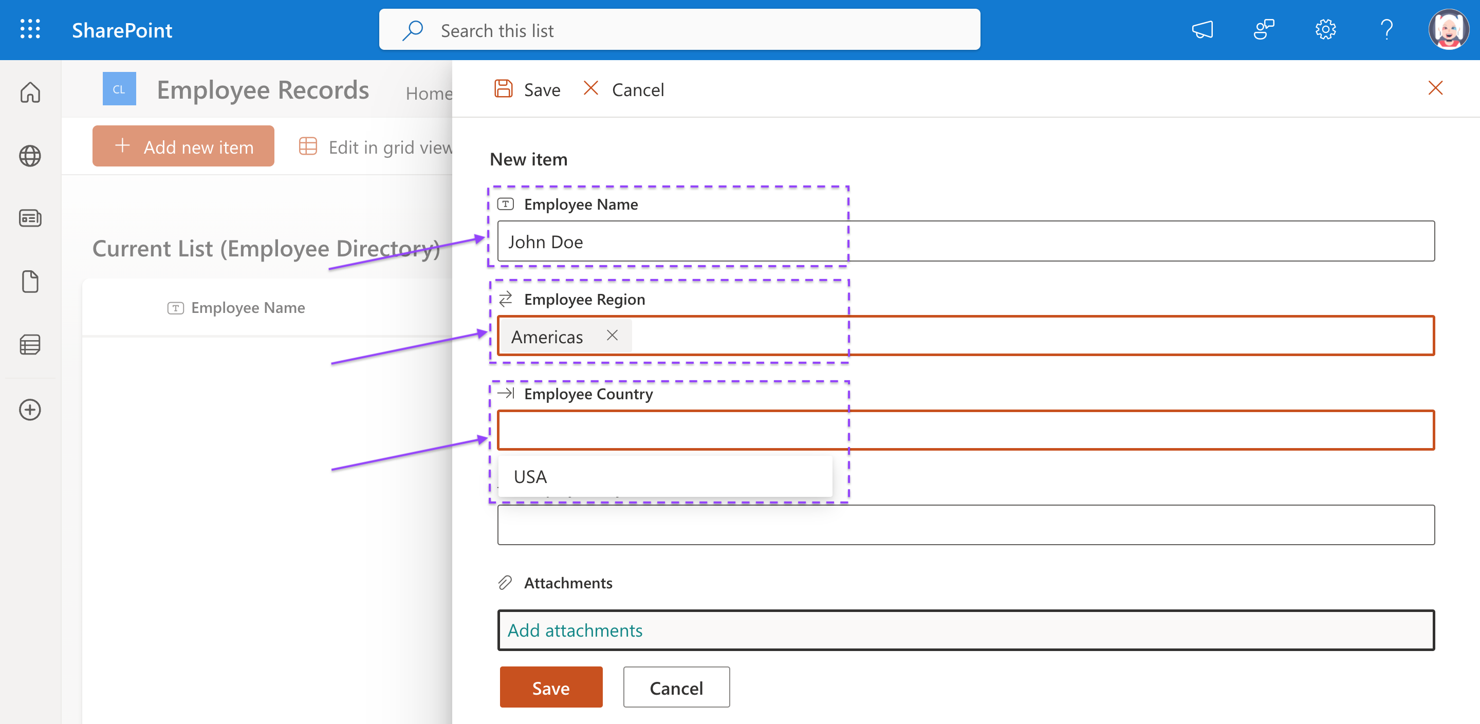 Employee Region dropdown showing Americas selected and Employee Country filtered to show USA