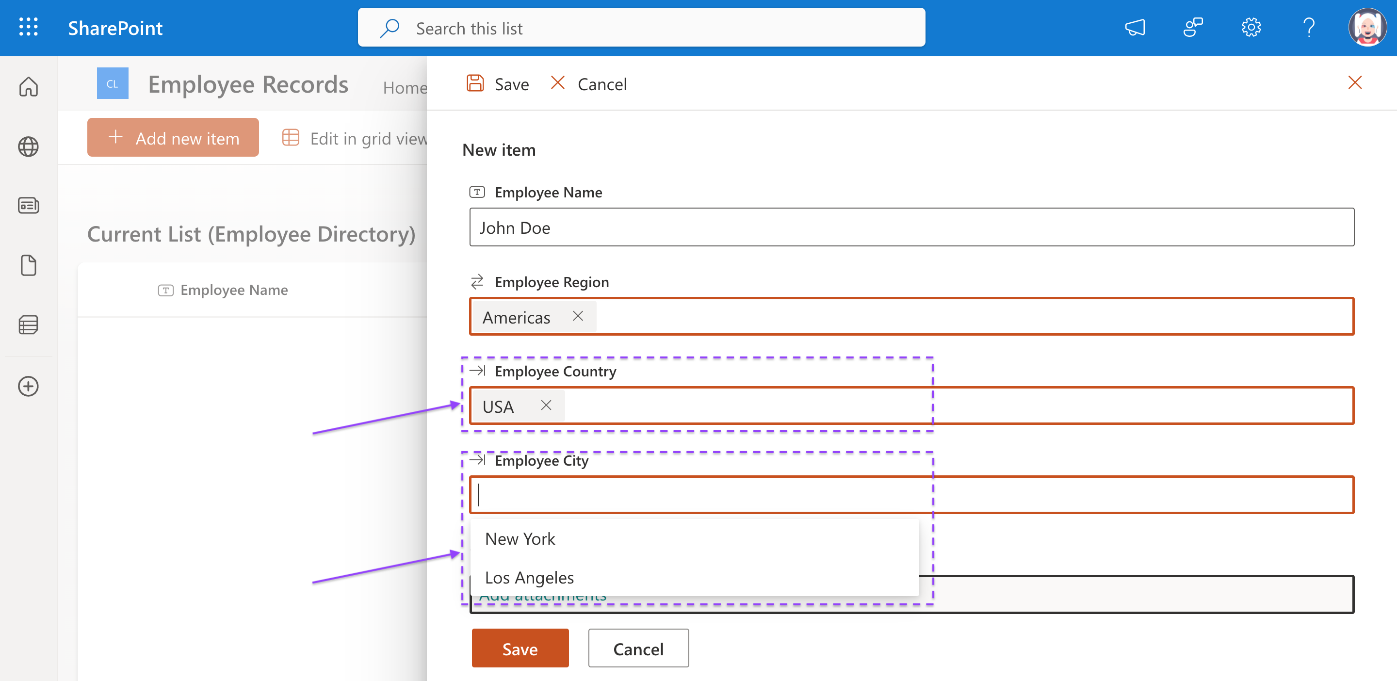 Employee Country dropdown showing USA selected and Employee City filtered to show New York and Los Angeles