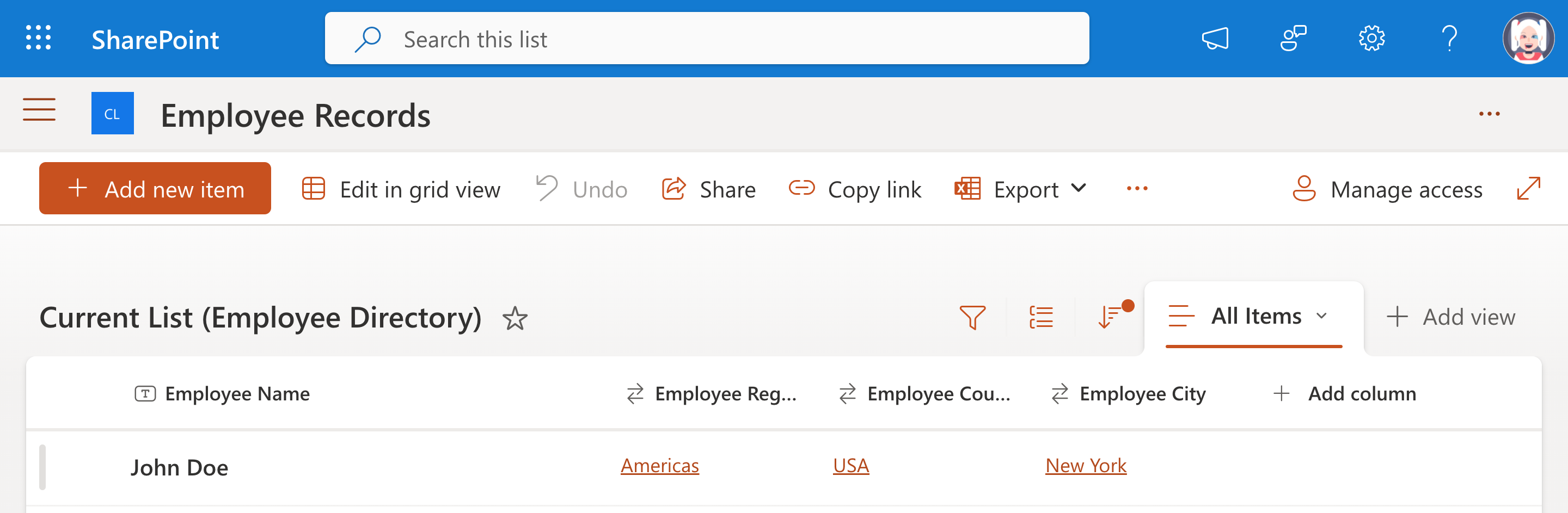 New employee record saved with John Doe's location information