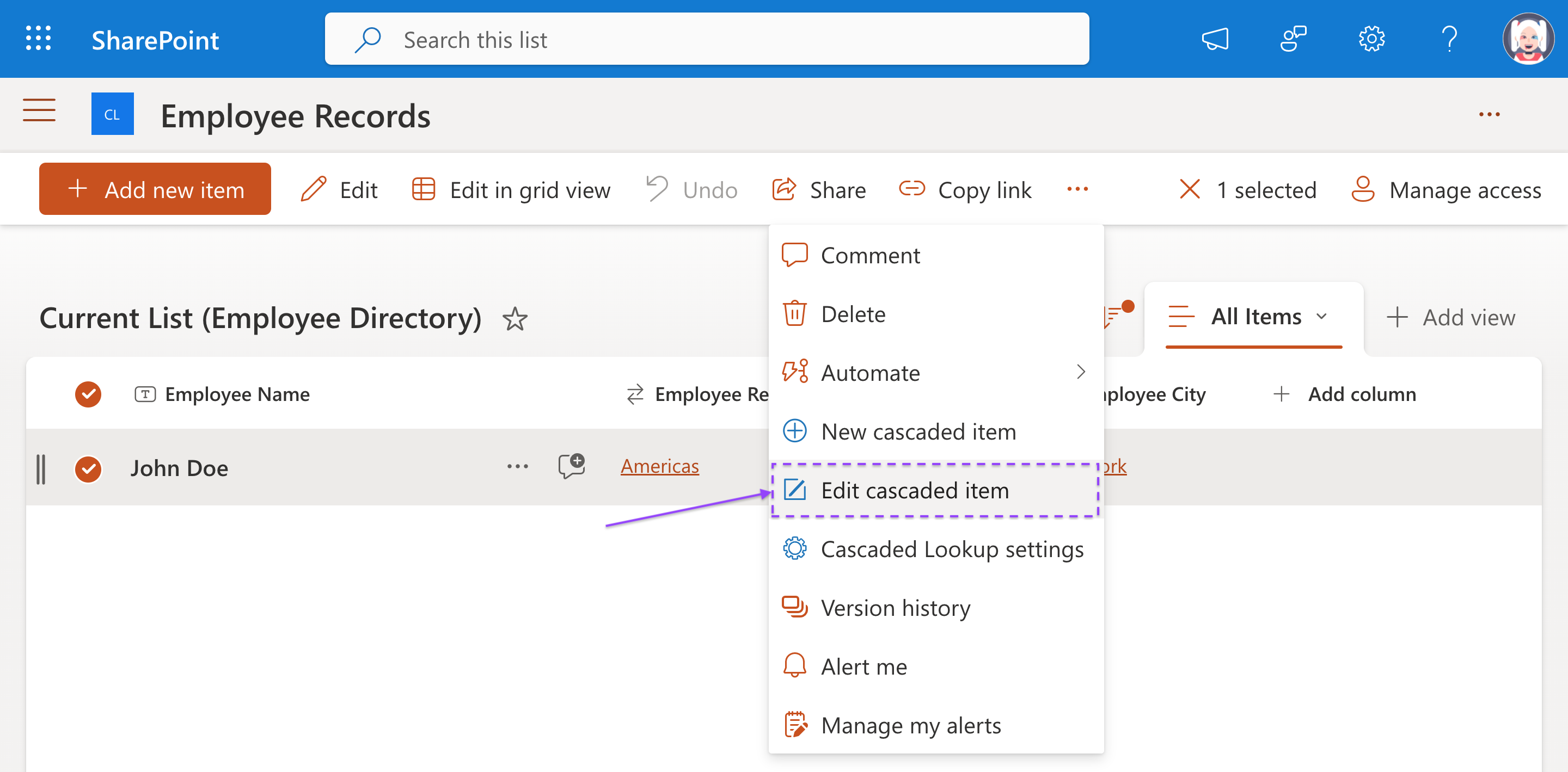 Edit Cascaded Item command selected for existing employee record