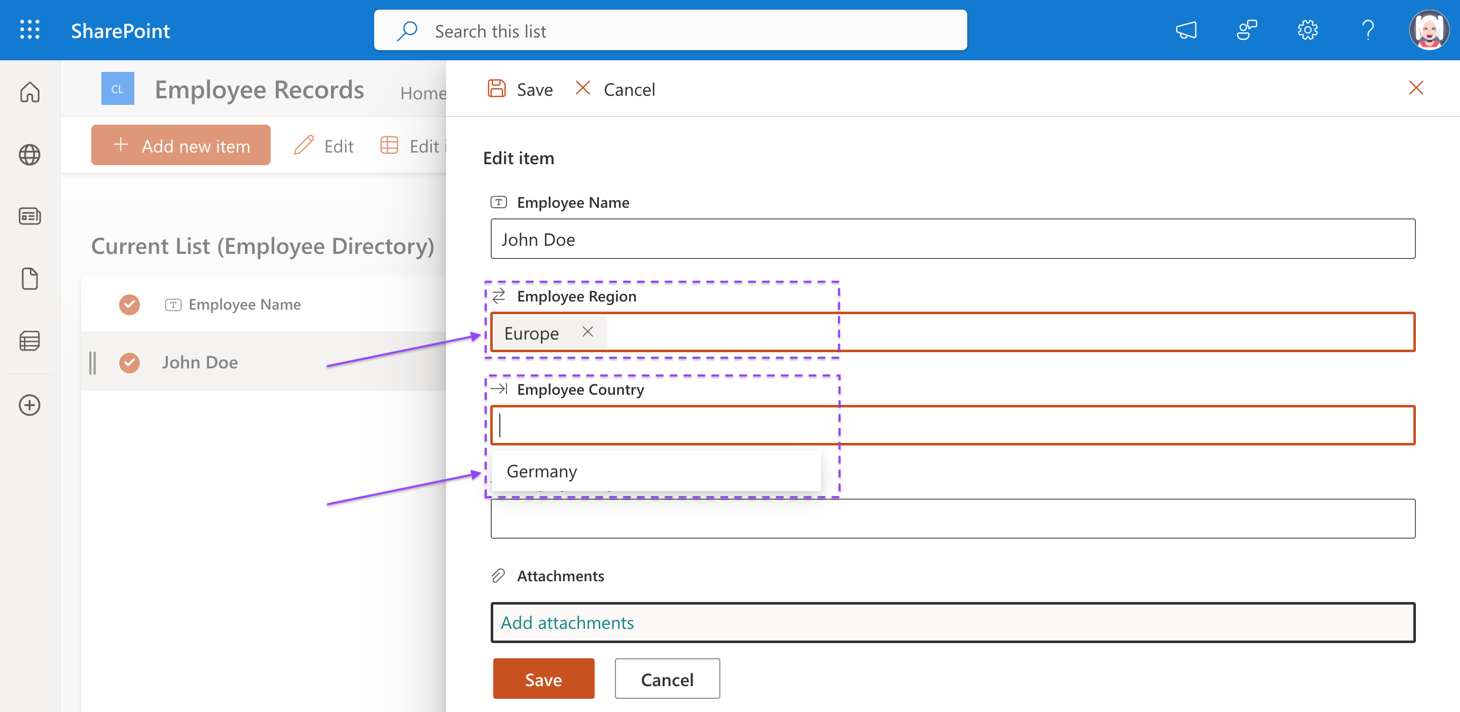 Employee Region changed to Europe and Employee Country filtered to show Germany