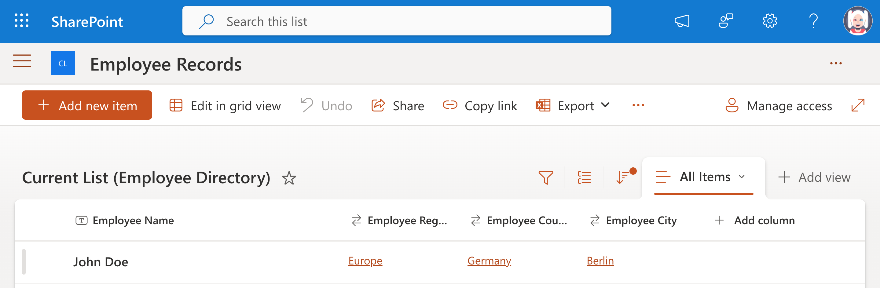 Updated employee record saved with John Doe's new location information