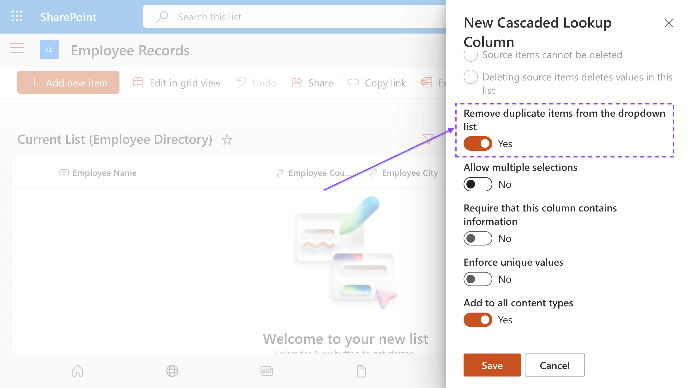 Remove Duplicate Items toggle switch in the New Cascaded Lookup Column panel