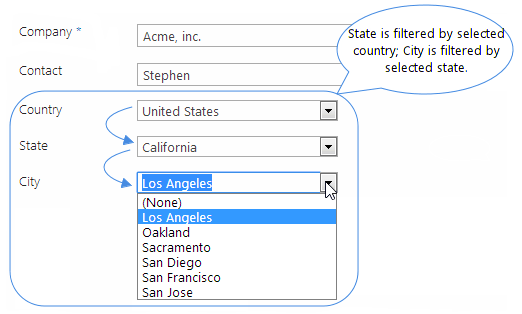 State is filtered by selected country; City is filtered by selected state.