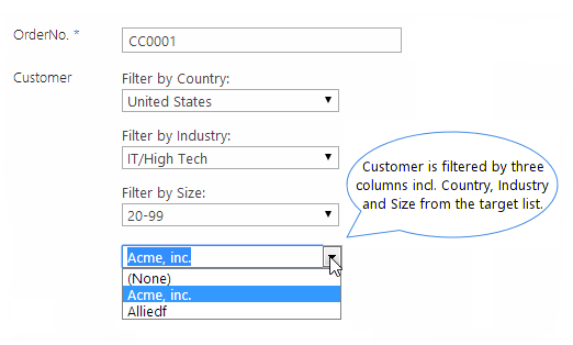 Customer is filtered by three columns incl. Country, Industry and Size from the target list.