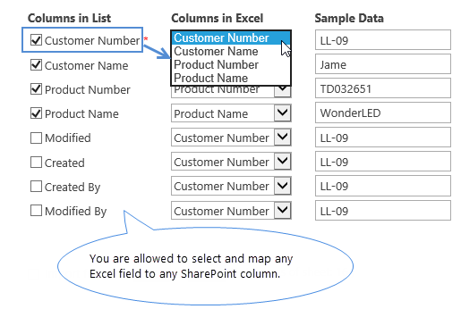 Map fields between SharePoint list and Excel