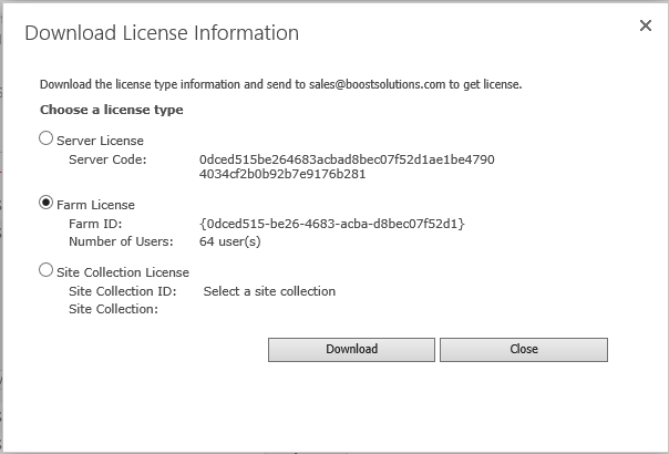 Download License Information window
